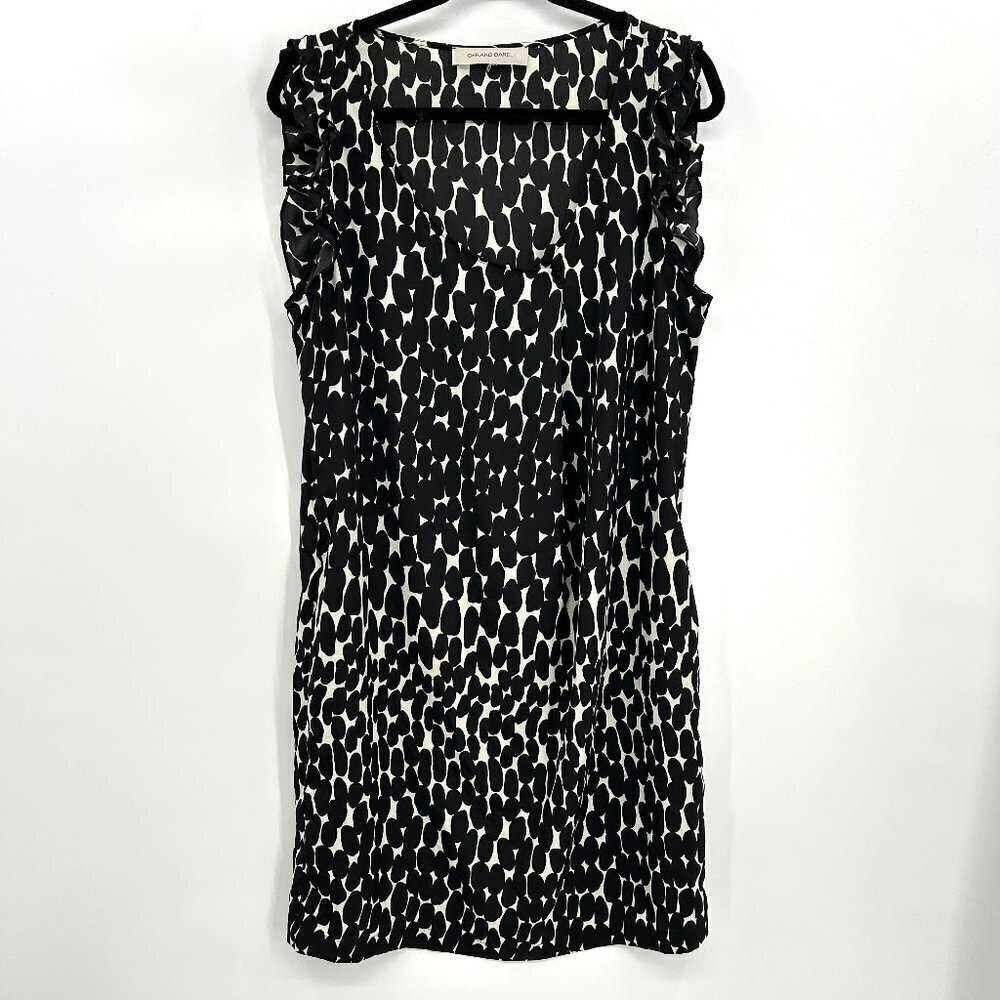 GERARD DAREL Black White Spotted Lightweight Ruffle Sleeve Sheath Dress Large